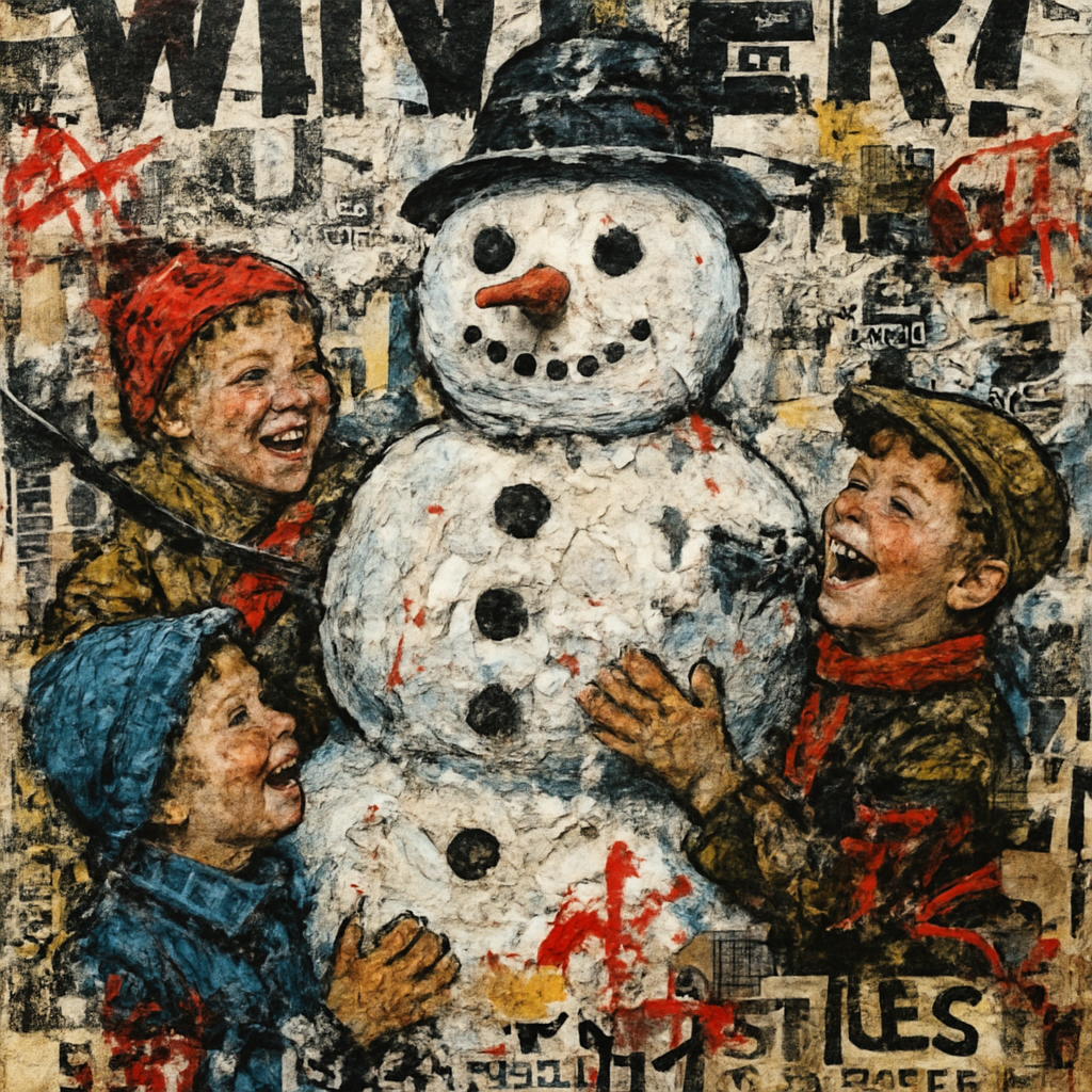 Norman Rockwell style snowman with children all around enjoying their new creation in snow.