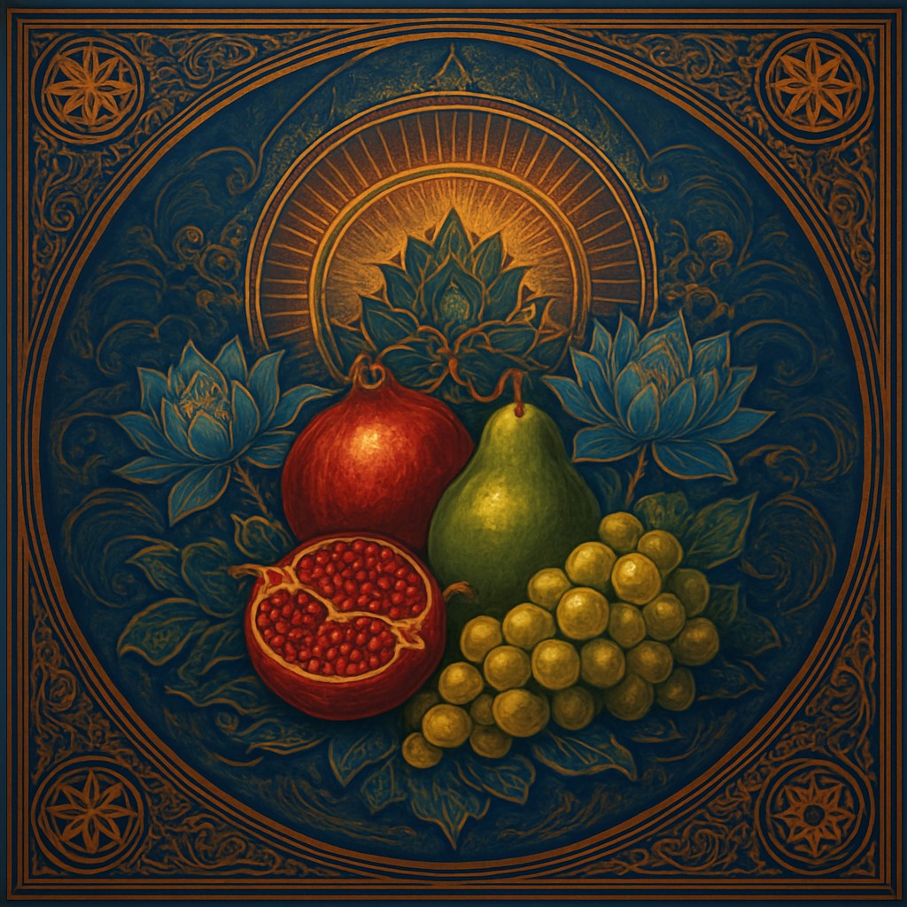 still life arrangement of fruits and flowers