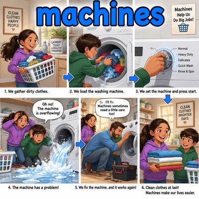 Create an image for the spelling word "machines" with narrative about washing machines. Please prominently display the word.