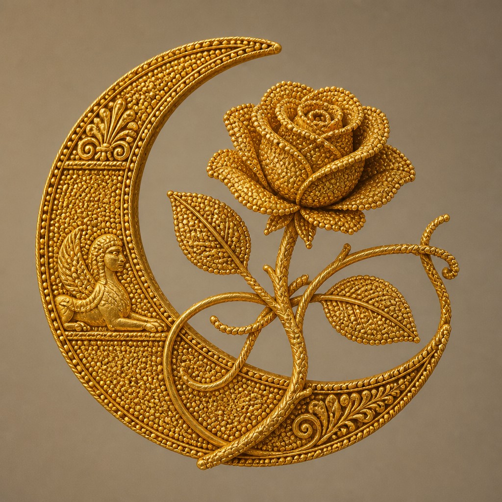 a rose entwined with a crescent moon, clean balanced composition on a plain background, no text
