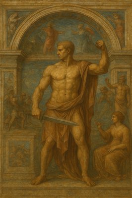 a painting of a man holding a sword