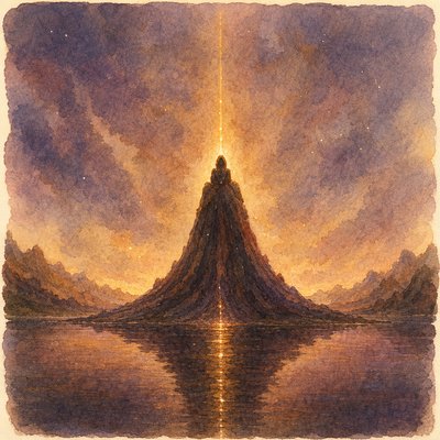 a painting of a mountain rising above a body of water