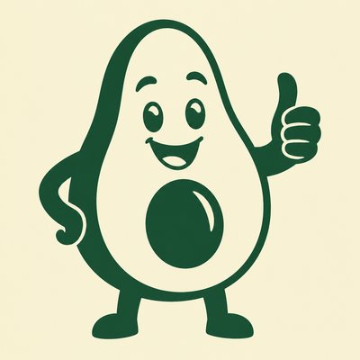 a happy avocado character giving a thumbs up, bold readable design on a plain background, no text