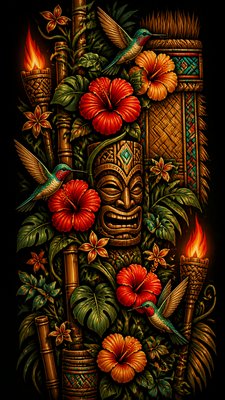 a climbing vine of flowers and hummingbirds on a dark background, tall wrapping composition, no text
