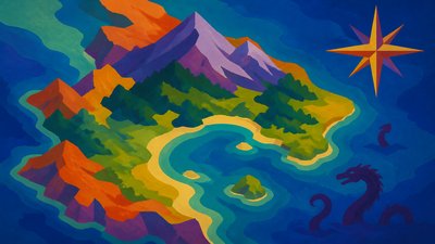 a map of an island realm with mountains, forests, a sheltered bay, sea monsters in the water and a compass rose, no text labels