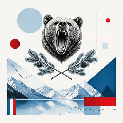 a roaring bear head above crossed pine branches, bold graphic composition on a plain background, no text