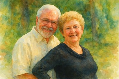 a painting of a man and woman posing for a picture