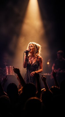 a live music scene with a glowing stage and silhouetted crowd, energetic vertical composition with open space at the top, no text