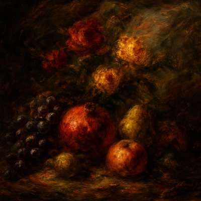 still life arrangement of fruits and flowers