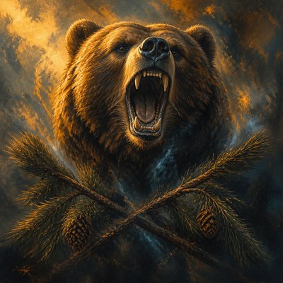 a roaring bear head above crossed pine branches, bold graphic composition on a plain background, no text