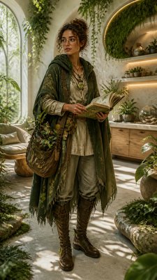 full-body original character: a wandering botanist with a satchel of plants, a patched green cloak, tall boots and round glasses, neutral background