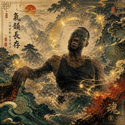 a painting of a man standing in a body of water