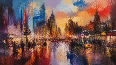 bustling city street panorama at dusk