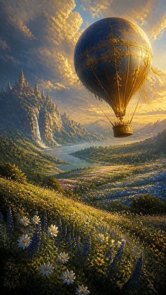 a hot air balloon drifting over rolling flower fields on a sunny day, cheerful, no text