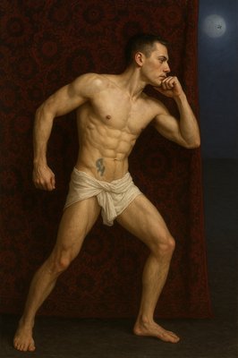a painting of a shirtless man posing for a picture