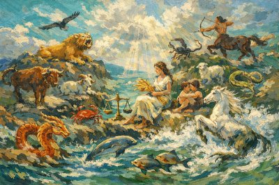 “But ask now the beasts, if they may speak to thee; and the birds of the air, if they may declare to thee. Tell the earth, if it may speak to thee: and the fishes of the sea shall explain to thee. Who then has not known in all these things, that the hand of the Lord has made them?” (Job 12:7-9, Brenton) include in this picture the animals of the zodiac 

