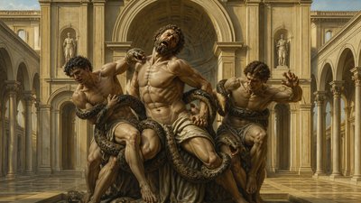three athletes posing for a Renaissance painting of the Laocoon men being bitten by a python snake