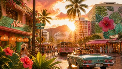 bustling city street panorama at dusk