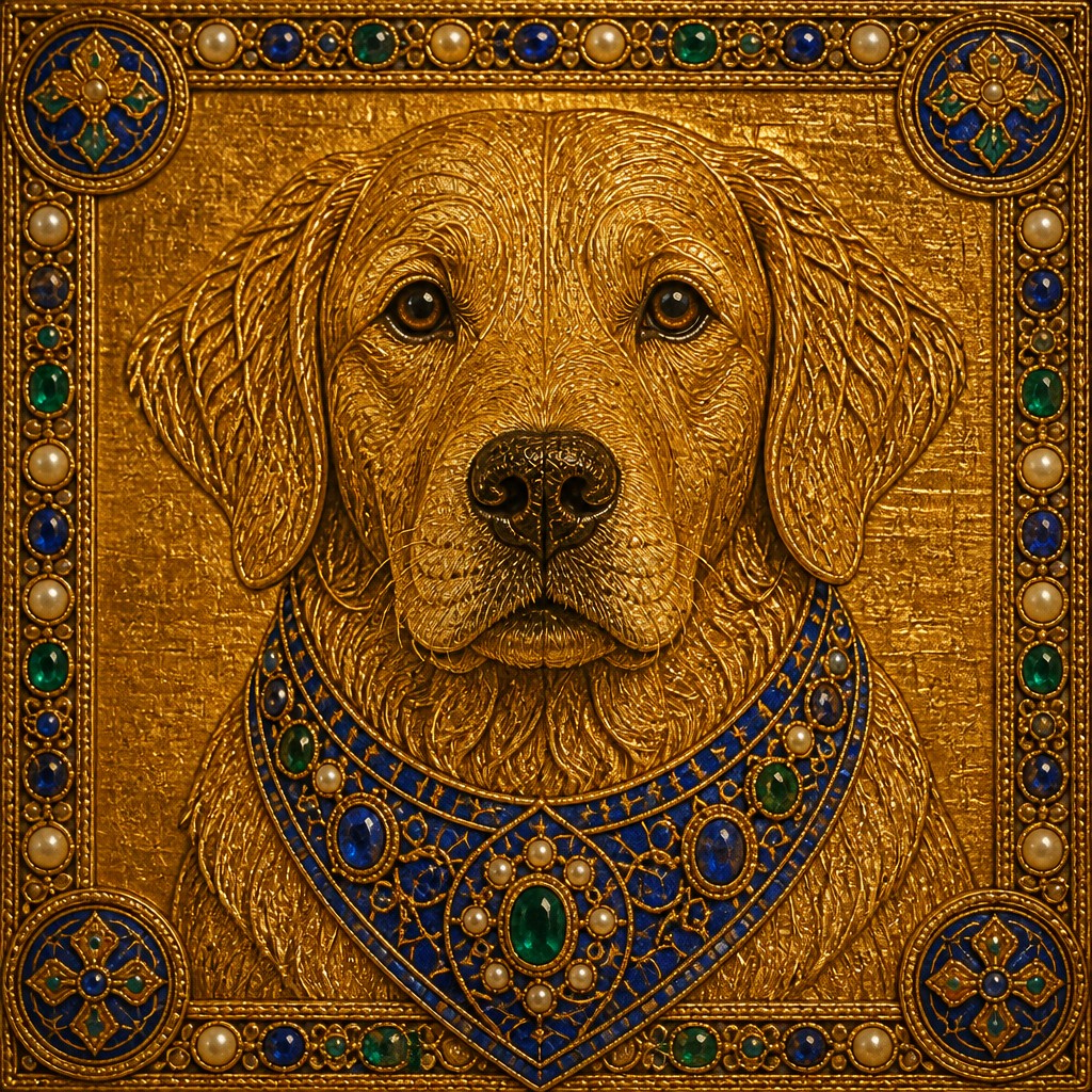 portrait of a golden retriever wearing a blue bandana, warm plain backdrop, no text
