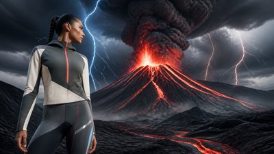 an erupting volcano with lightning strikes, dramatic wide composition, no text