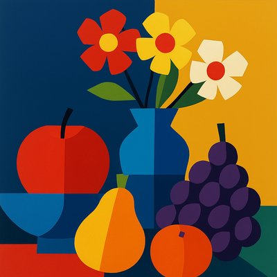 still life arrangement of fruits and flowers