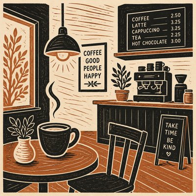 cozy cafe interior with warm lighting