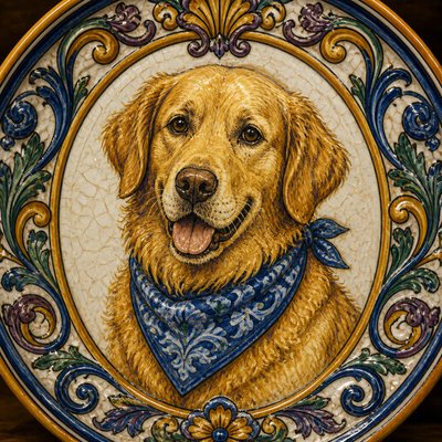portrait of a golden retriever wearing a blue bandana, warm plain backdrop, no text