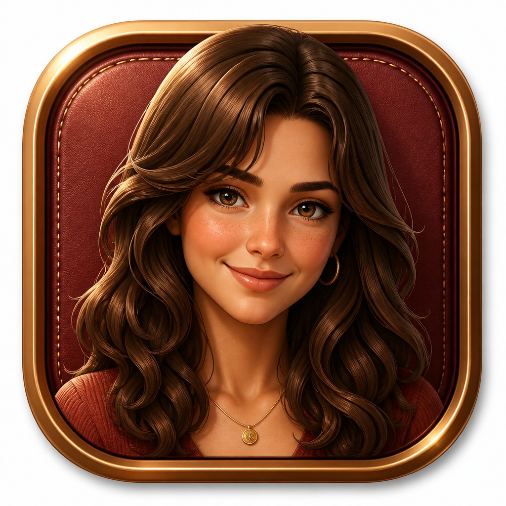 head-and-shoulders portrait of an original character: a young woman with wavy chestnut hair and a warm smile, plain soft backdrop
