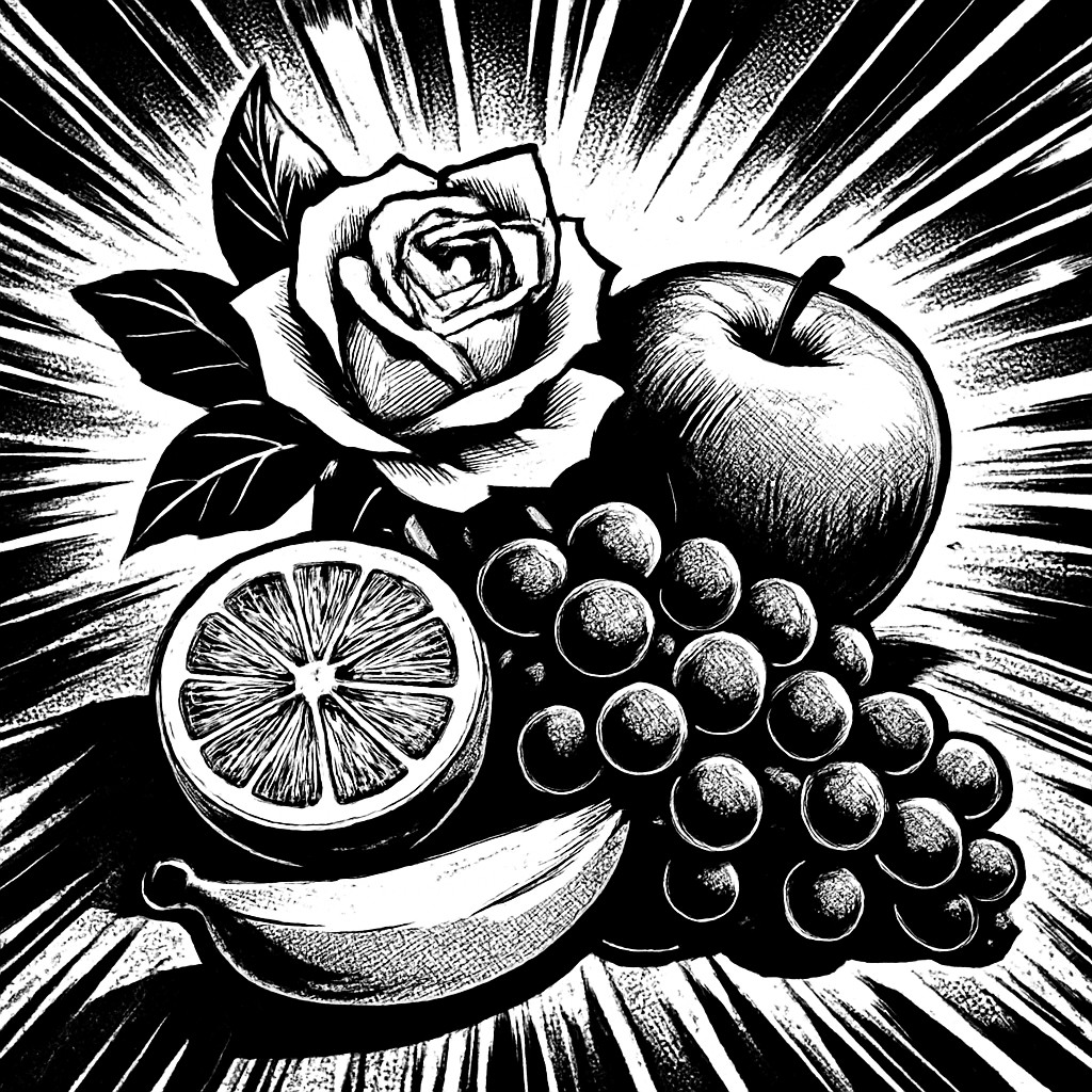 still life arrangement of fruits and flowers