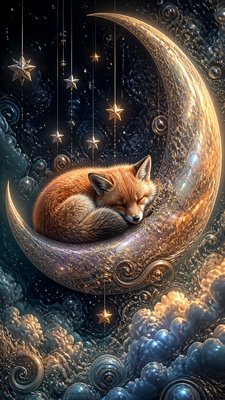 a sleeping baby fox curled on a crescent moon among soft stars, gentle and warm, no text