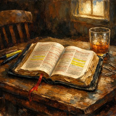 An interior scene.  An old Bible with dog-eared pages, a black leather cover, and words of Christ in red sits open on a table.  The camera sees the Bible at a 45 degree angle.  The table and chair are old and worn, sitting on a worn carpet on a wood plank floor.  There are some pens and highlighters, along with a  red ribbon bookmark, a half-empty drink and some paper clips.  The room is in low-light, and a small window is in the background.  Someone has been studying and just stepped away for a moment.  Some lines in the Bible are highlighted yellow.