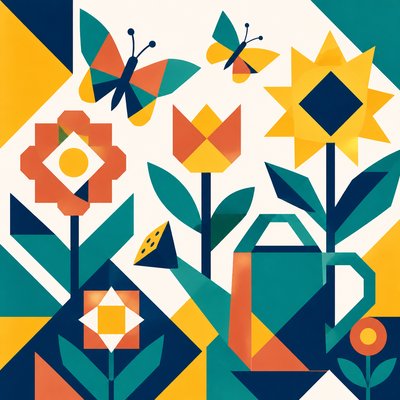 a garden scene with butterflies, flowers and a watering can, clean uncolored line art, no text