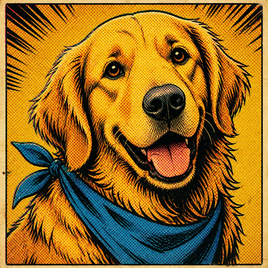 portrait of a golden retriever wearing a blue bandana, warm plain backdrop, no text