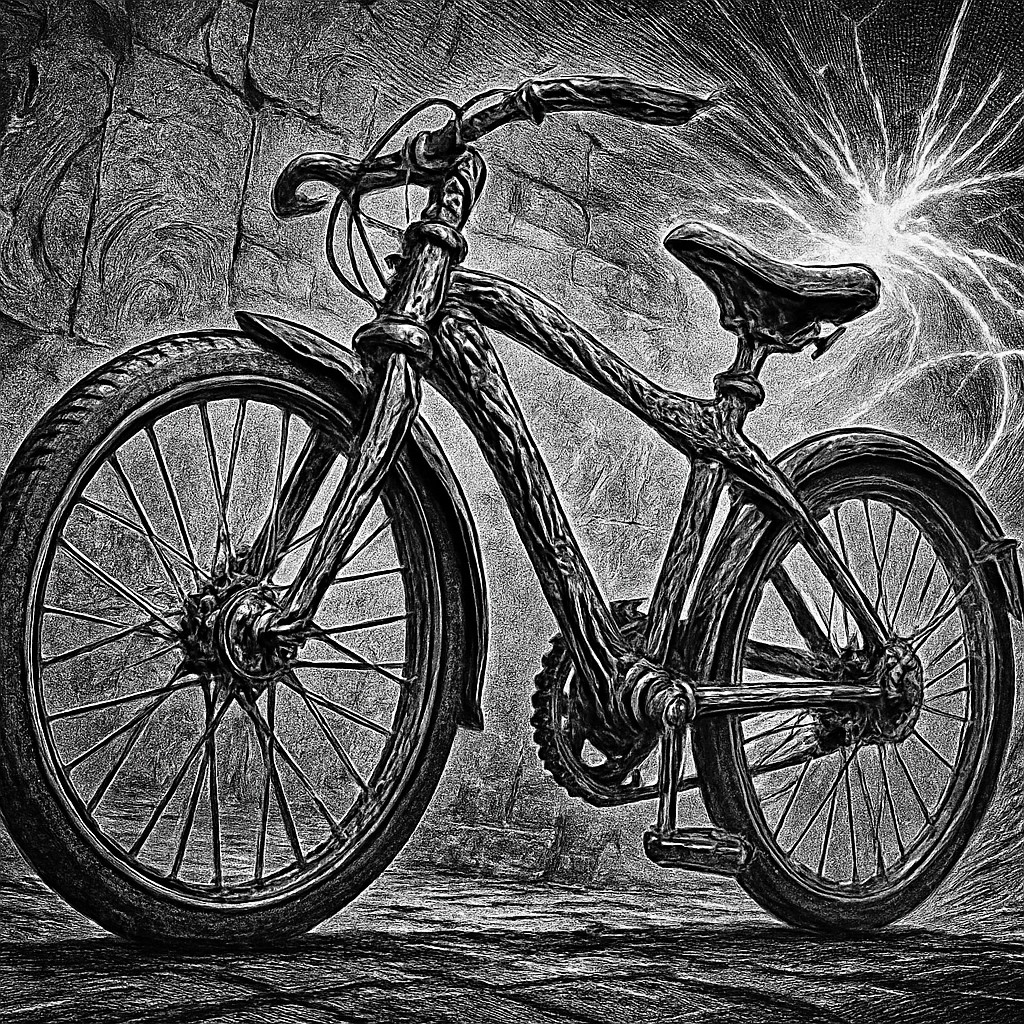 bicyle resting against a wall