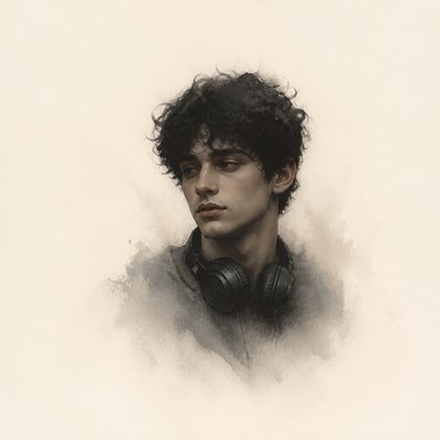 head-and-shoulders portrait of an original character: a young man with curly dark hair and headphones around his neck, plain backdrop, no text