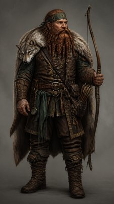 full-body original character: a dwarven ranger with a braided auburn beard, worn leather armor, a longbow and a wolf-pelt cloak, neutral background, no text