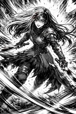 a drawing of a woman with long hair and a sword