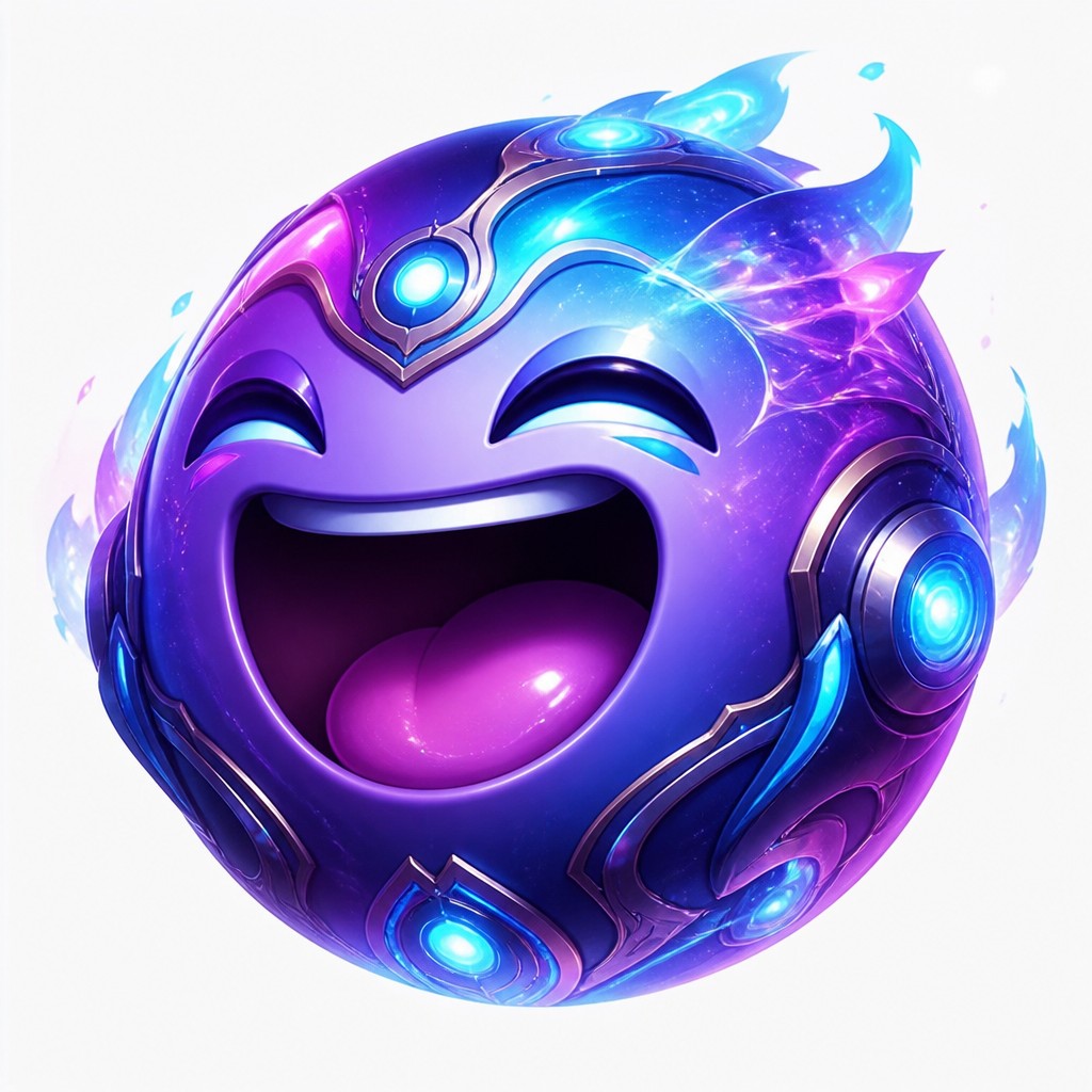 an exaggerated laughing face of an original round mascot character, bold and readable at small size, plain background, no text