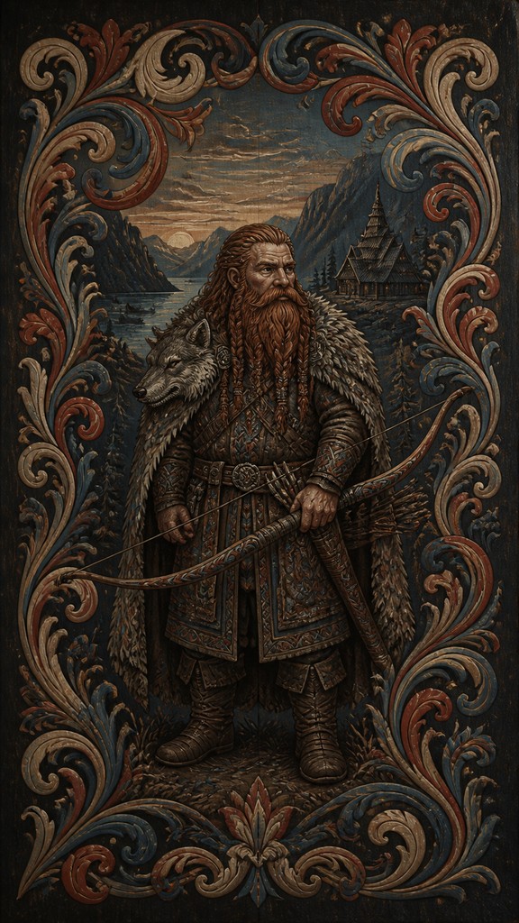 full-body original character: a dwarven ranger with a braided auburn beard, worn leather armor, a longbow and a wolf-pelt cloak, neutral background, no text