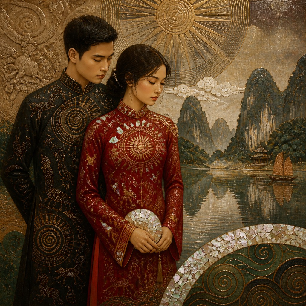 portrait of two people together — Vietnamese Art Style