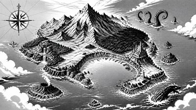 a map of an island realm with mountains, forests, a sheltered bay, sea monsters in the water and a compass rose, no text labels