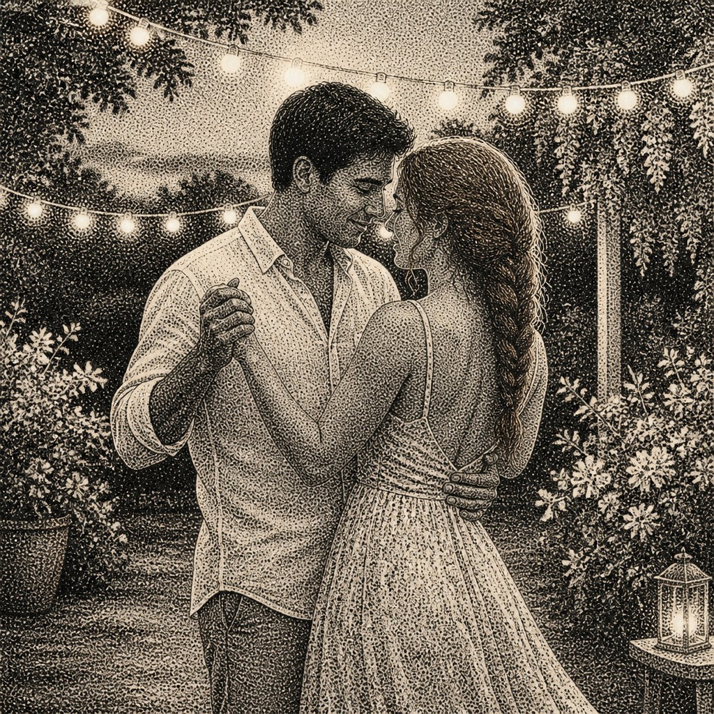an original couple dancing under string lights in a garden at dusk: a man with short black hair in a linen shirt and a woman with braided red hair in a summer dress