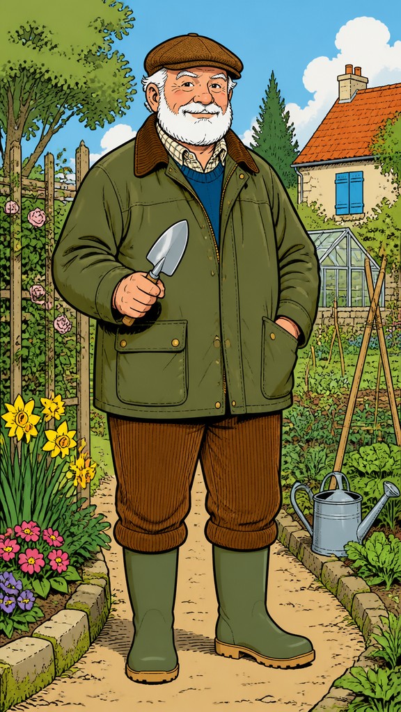 full-length portrait of an original character: a stocky older gardener with a short white beard, brown flat cap, olive waxed jacket, corduroy trousers and rubber boots, holding a trowel