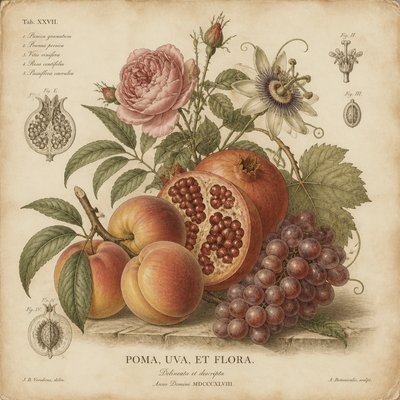 still life arrangement of fruits and flowers