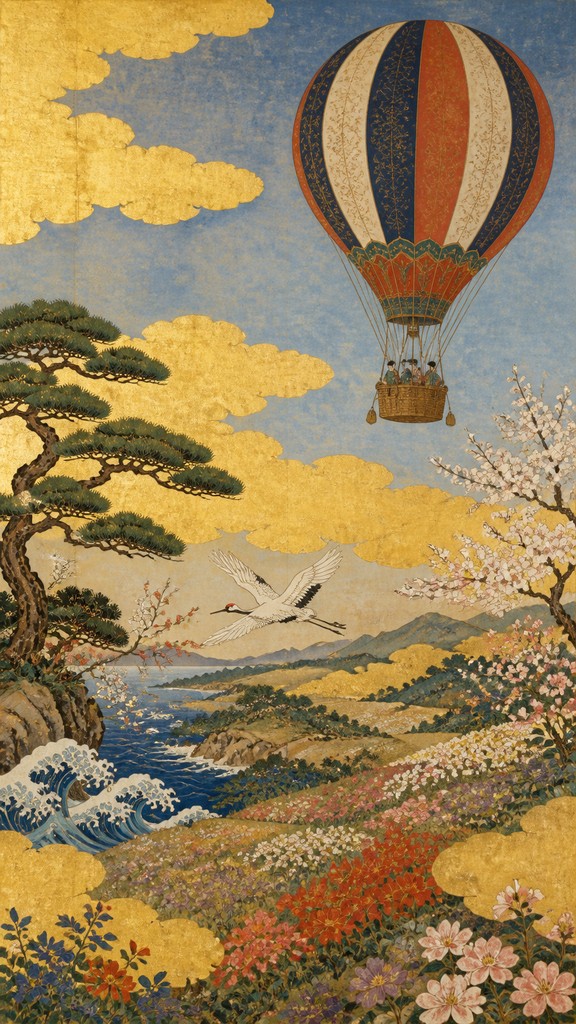 a hot air balloon drifting over rolling flower fields on a sunny day, cheerful, no text