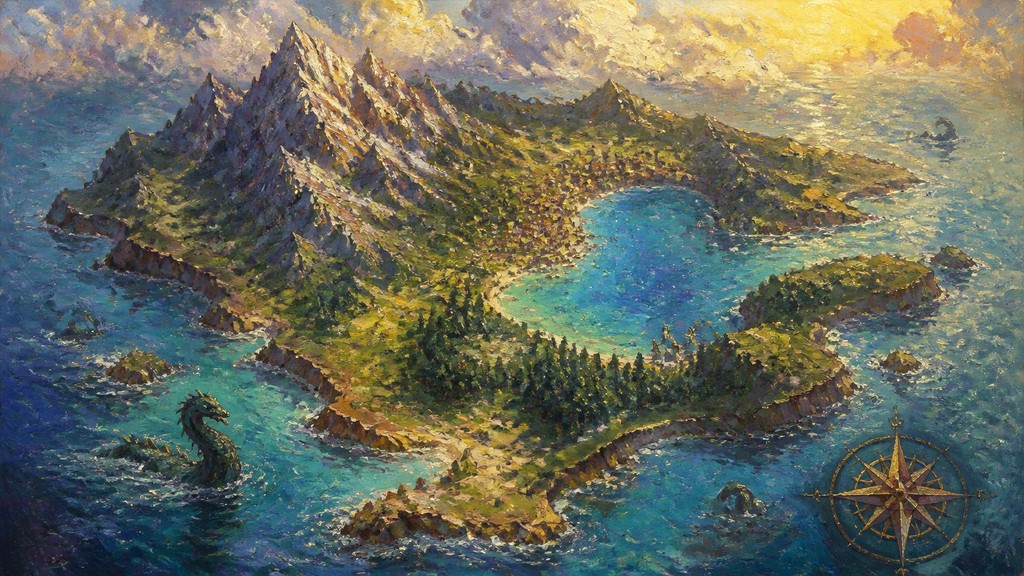 a map of an island realm with mountains, forests, a sheltered bay, sea monsters in the water and a compass rose, no text labels
