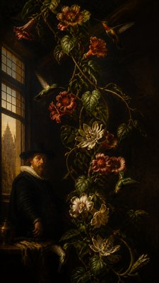 a climbing vine of flowers and hummingbirds on a dark background, tall wrapping composition, no text