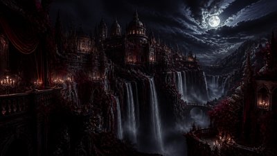 a cliffside city with waterfalls cascading into a misty canyon, wide establishing shot, no people, no text