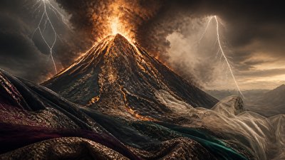 an erupting volcano with lightning strikes, dramatic wide composition, no text