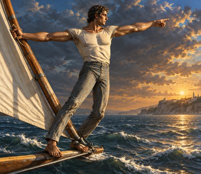 a painting of a man standing on a sailboat